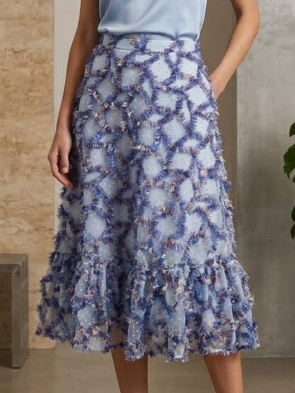 Elegant Blue and Purple Ruffle Midi Skirt